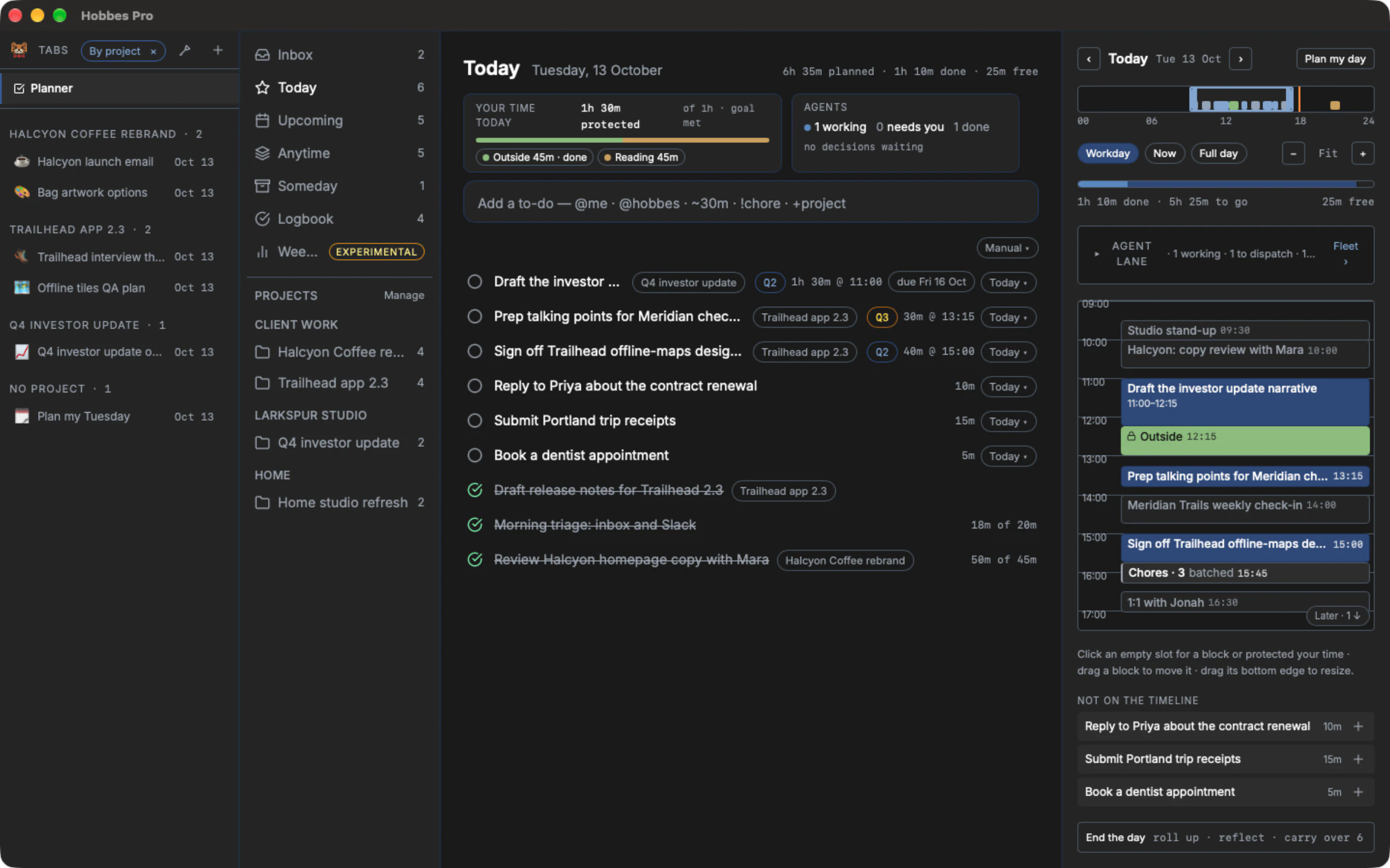 The Hobbes Planner's Today view: the user's timeline beside the agent lane